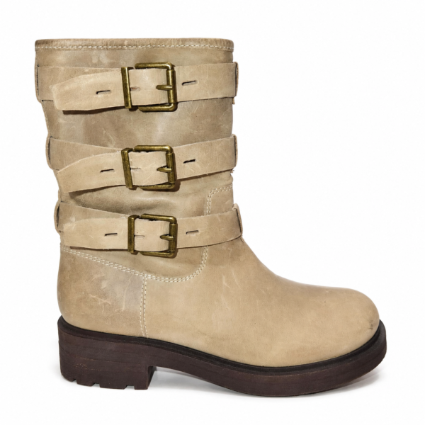 Beige Leather Triple Buckle Flat Platform Ankle Boots