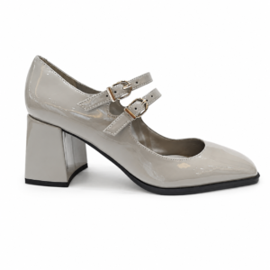 Grey Patent Double Strap Mary Jane Block Heel Pumps