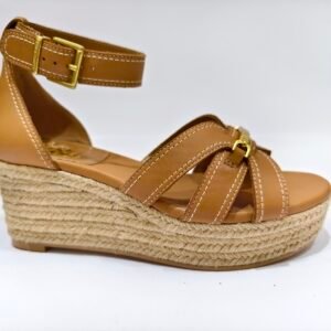 Tan Buckle Raffia Wedge Ankle‑Strap Sandals