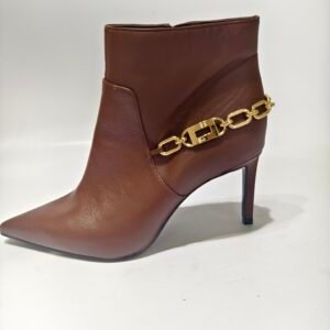 Brown Gold‑Chain Pointed‑Toe Stiletto Ankle Boots