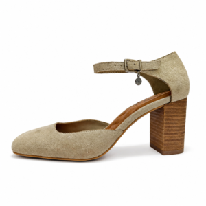 Beige Textured Ankle Strap Block Heel Pumps