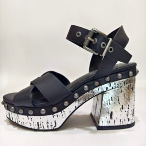Black Studded Silver‑Texture Block Heel Platform Sandals